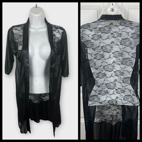 Black Satin and Floral Lace Short Sleeve open front robe kimono topper Small - Picture 1 of 5